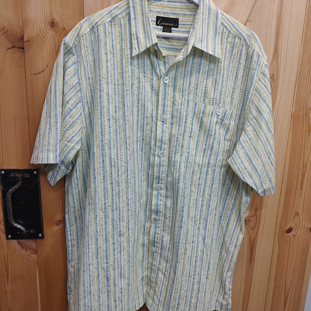 Luau Button Up Shirt Mens XL Striped Leaves Hawaiian Cruise Travel Lightweight - Picture 1 of 12